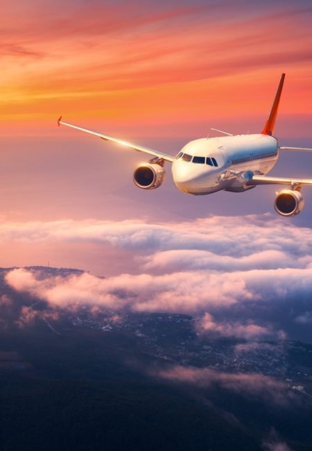 Passenger,Airplane.,Landscape,With,Big,White,Airplane,Is,Flying,In